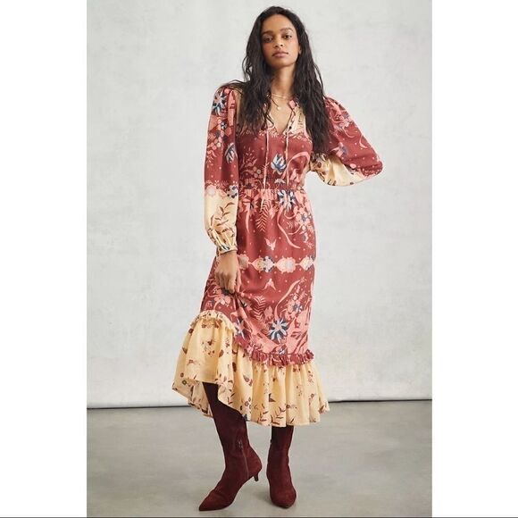 NEW Anthropologie Othilia Carmela Floral Flounce Ruffled Maxi Dress Small Petite - Picture 1 of 10